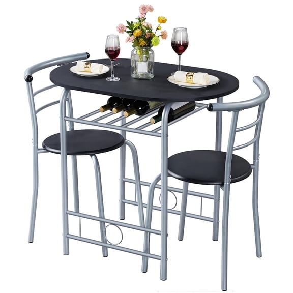 3-Piece Dining Table Set for 2, Kitchen Table and Chairs Set, Compact Breakfast Nook Table Set with Built-in Wine Rack, Small Space Furniture for Apartment, Dorm Room, Balcony and Office, Black