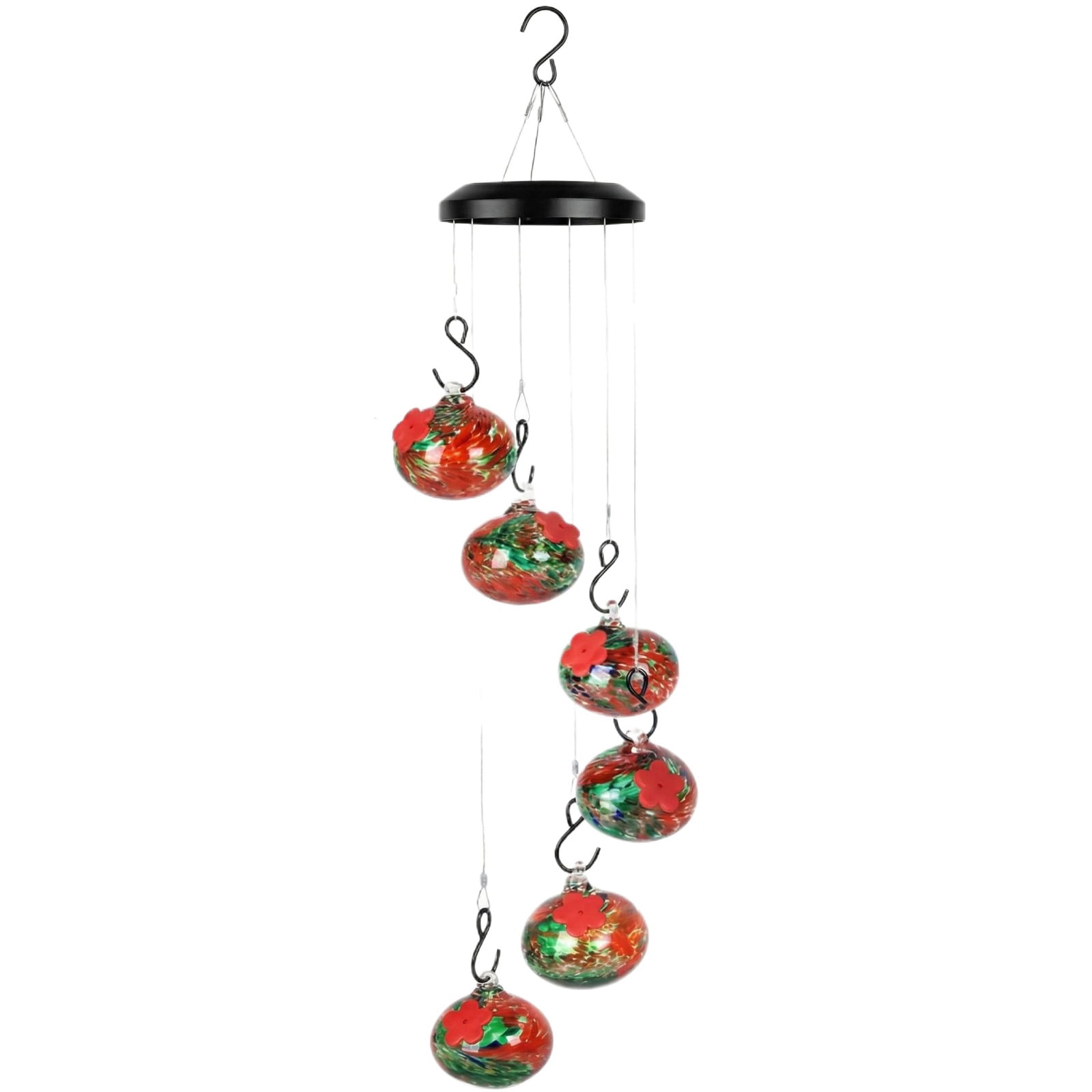 Handblown Glass Hummingbird Feeder Wind Chime with 6 Feeding Stations, Solar Powered Outdoor Hanging Bird Feeder for Garden Yard Decor, Vibrant Leak-Proof Hummingbird Habitat