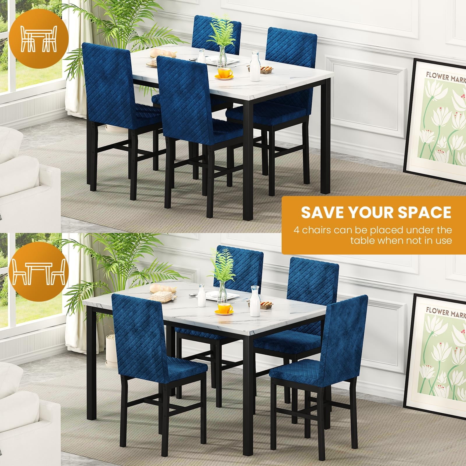 Baxluxe Dining Table Set for 4, Modern 5 Piece Dining Table Set, Faux Marble Kitchen Table and 4 Velvet Upholstered Chairs for Apartments, Dining Rooms, Small Spaces,，Blue + White