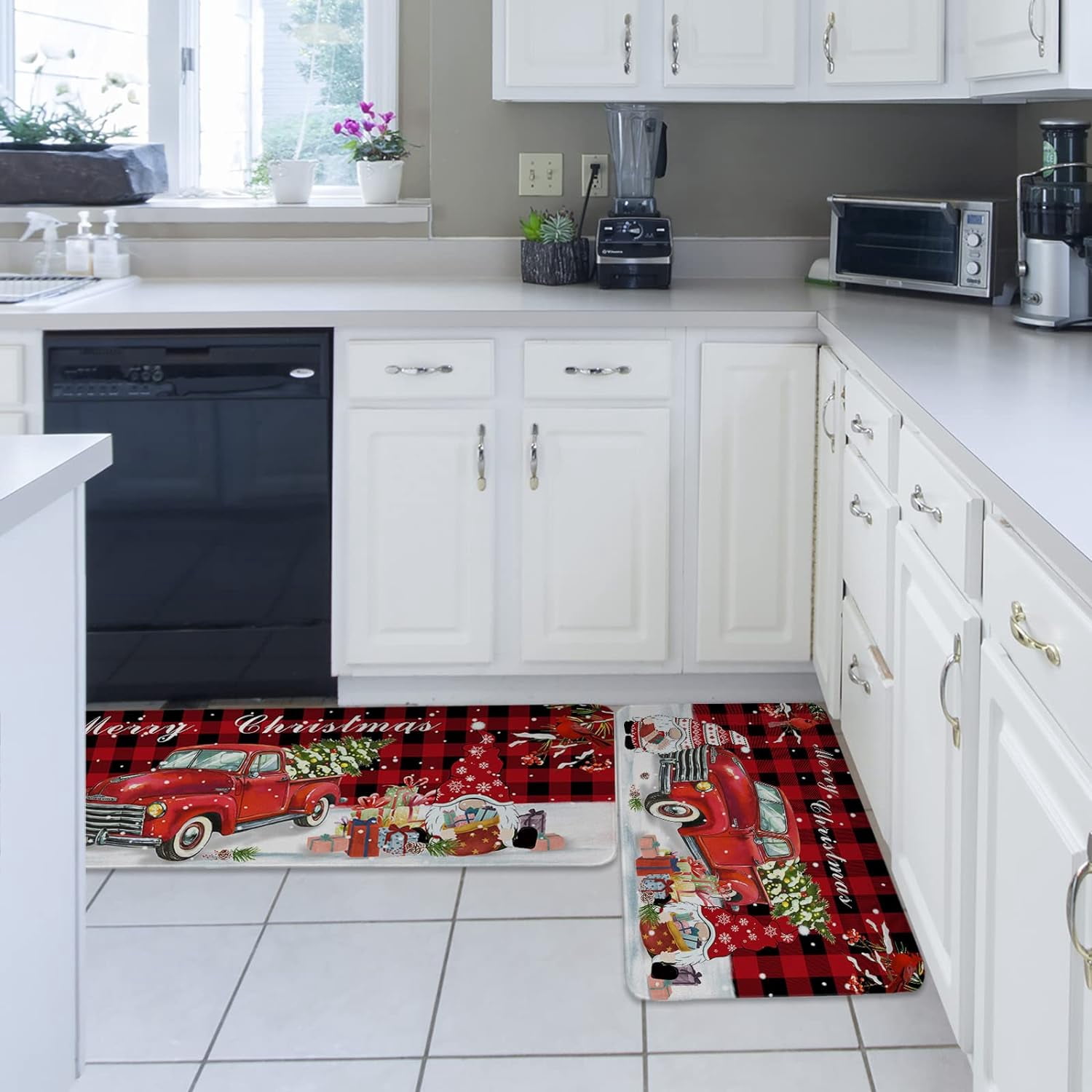 Kitchen Rug Mat Christmas Gnome Truck, Set of 2, Anti-Fatigue Non-Skid Washable Kitchen Runner Rugs, Red Buffalo Plaid Cardinals Soft Comfort Rug for Kitchen, Floor Home, Front of Sink, Laundry