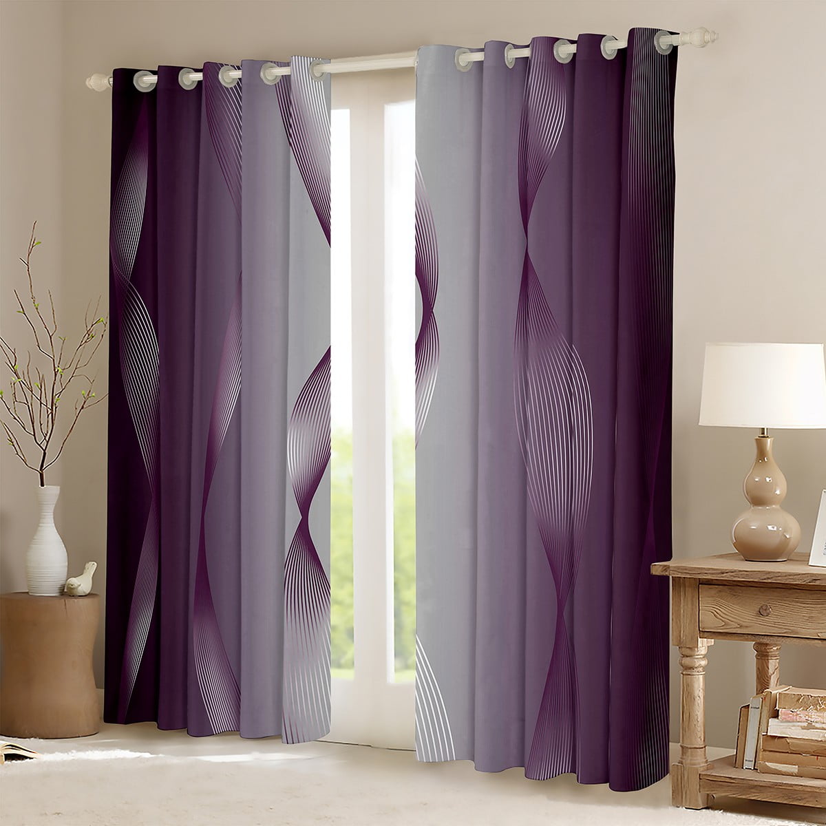 Gradient Purple and Greyish White 30%-50% Blackout Curtains Ombre 2 Panels 42"Wx90"L Curtains & Drapes,Trippy Spiral Silver Wave Line Curtains,Abstract Art Room Decor Aesthetic