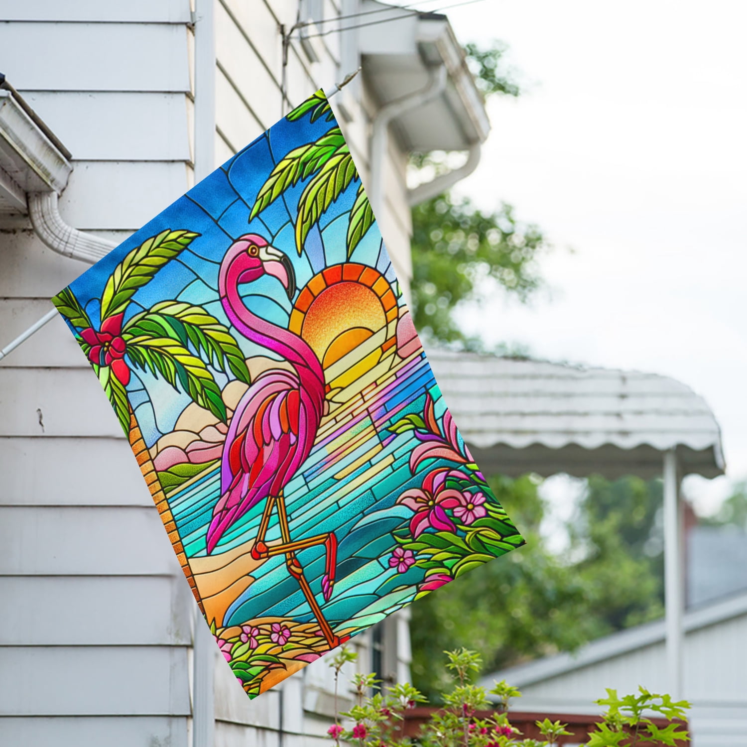 America Forever Summer Flamingo House Flag, 28 x 40 inch Double Sided, Retro Style Stained Glass Summer Beach Decorative Seasonal Outdoor Decor, Holiday Outside Decorations Yard Flag