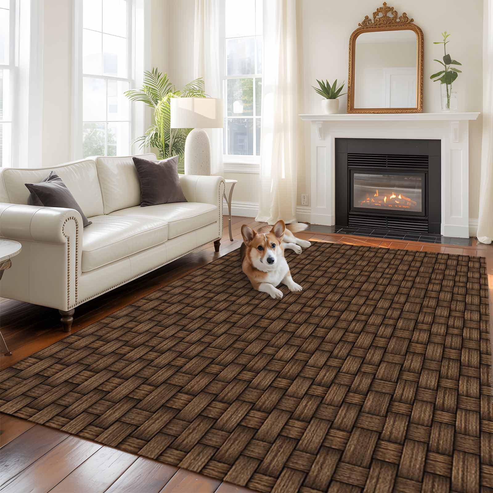 Large Area Rugs for Living Room Bedroom, Dark Brown Rattan 6'x9' Rug Washable Carpet Runner Indoor Outdoor, Vintage Abstract Wicker Texture Non Slip Floor Mats Rug for Kitchen, Playroom