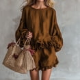 thumbnail image 2 of Floleo Women Two Piece Matching Outfit, Women Casual Coordinate Separates, Round Neck Puff Ruffle Long Sleeve Top Ruffle Hem Shorts, Solid Color Summer Beach Vacation Daily Outfit(Brown,L), 2 of 5