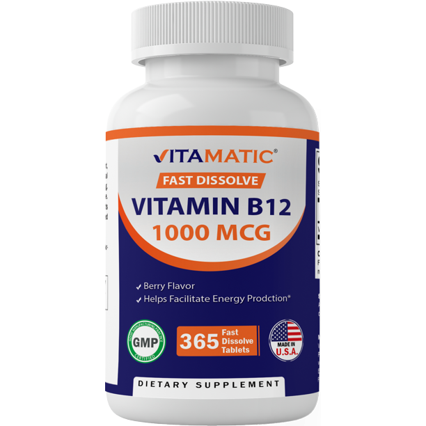 Vitamatic Vitamin B12 1000 mcg Fast Dissolve 365 Tablets Berry Flavor
