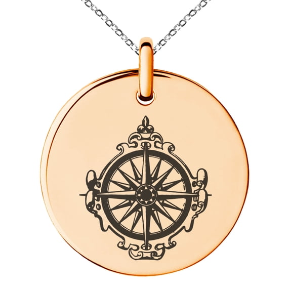Stainless Steel Nautical Antique Royal Compass Engraved Small Medallion Circle Charm Pendant Necklace