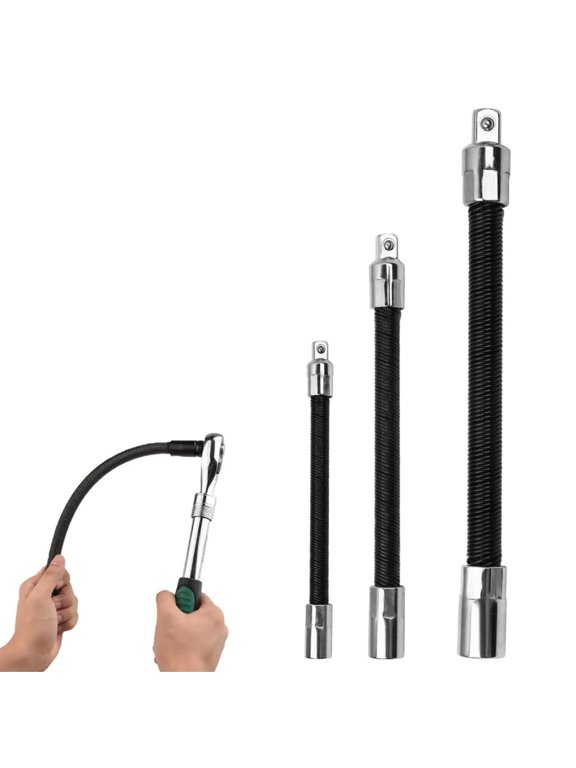 3-Piece Flexible Socket Extension Set 1/4", 3/8", 1/2" Shaft Drive 10" 8" 6", 45 Bend Flexible Drill Extension for Tight Spaces