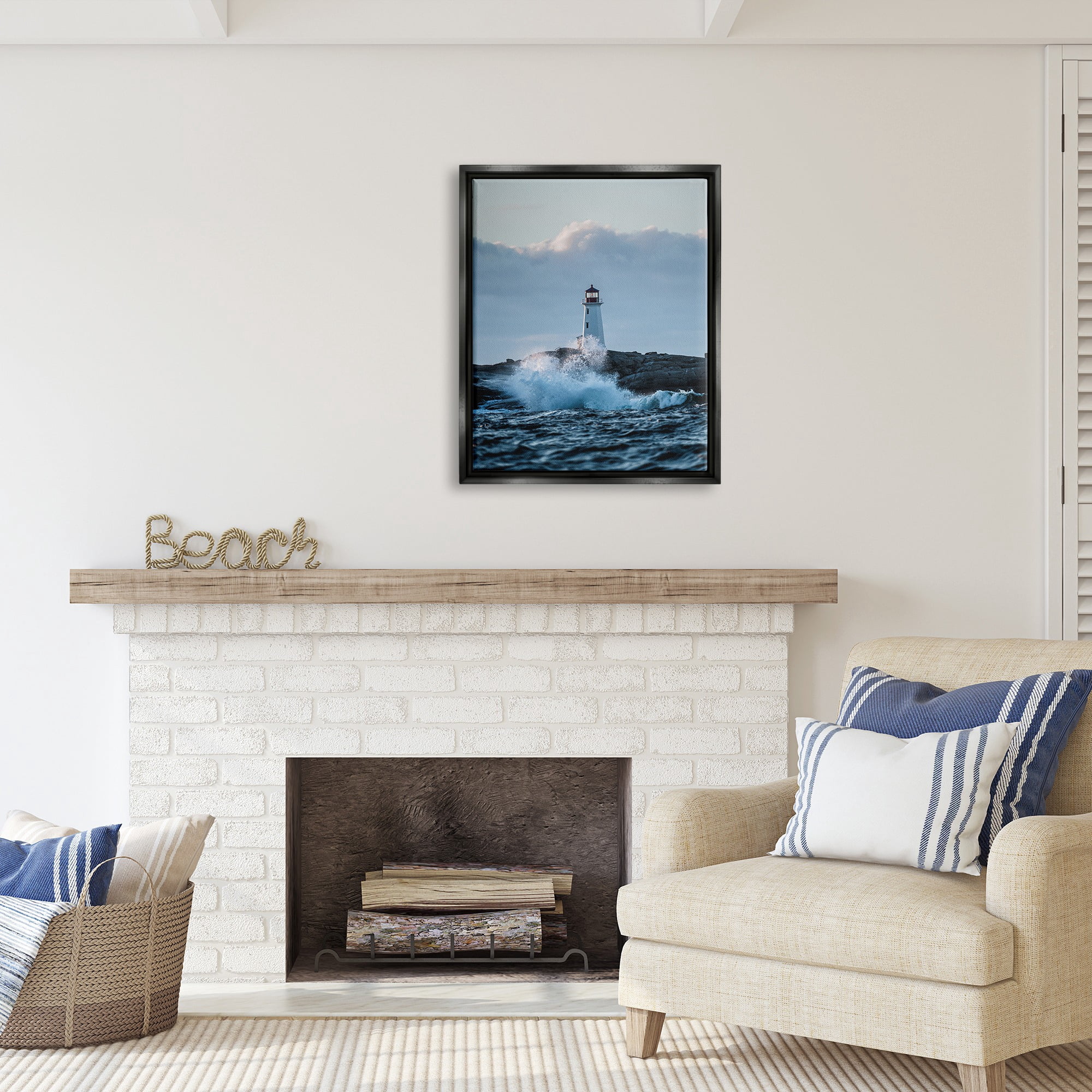 Stupell Industries Rough Sea Waves Photography Landscape Photography Black Floater Framed Canvas Art Print Wall Art, 25 x 31