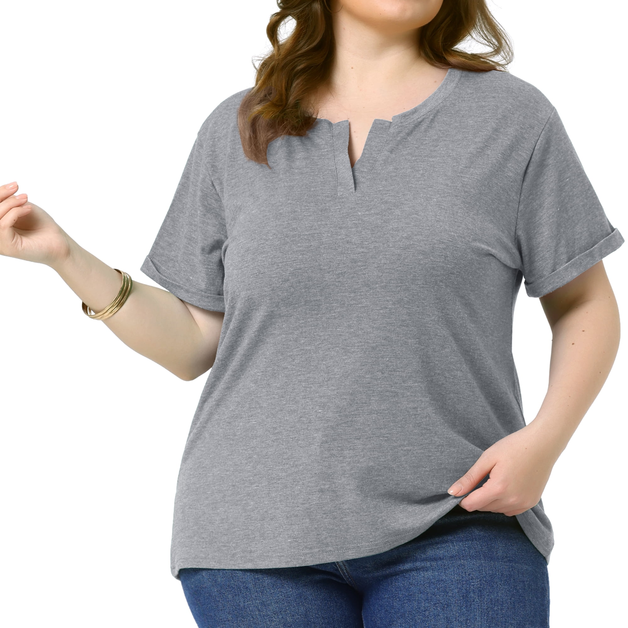 DARING DIVA Women's Plus Short Sleeve V Neck Summer Tees Gray 3X