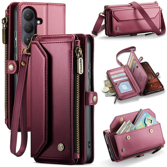 for Samsung Galaxy S26 Crossbody Wallet Case,with 10 Card Slots, Zipper Pocket and Magnetic Flip Folio, PU Leather Wristlet Shoulder Strap 3-in-1 Case for Women and Men,Hotpink