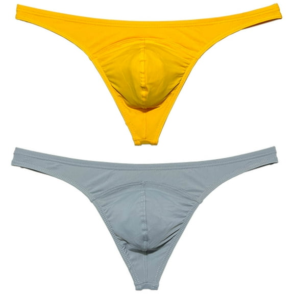 Botmois 2 PACK Men's Bikini T-back Underwear Male Low-rise Thong Briefs Bulge Pouch Soft Beach Tangas Silky Solid 2P-dark yellow/gray M