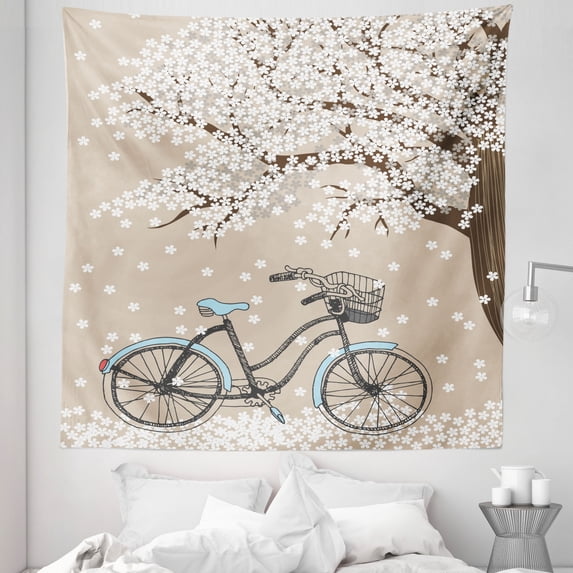 Bicycle Tapestry, Blossoming Tree Little White Flowers in the Spring and a Bike Sketch Art, Fabric Wall Hanging Decor for Bedroom Living Room Dorm, 5 Sizes, Multicolor, by Ambesonne
