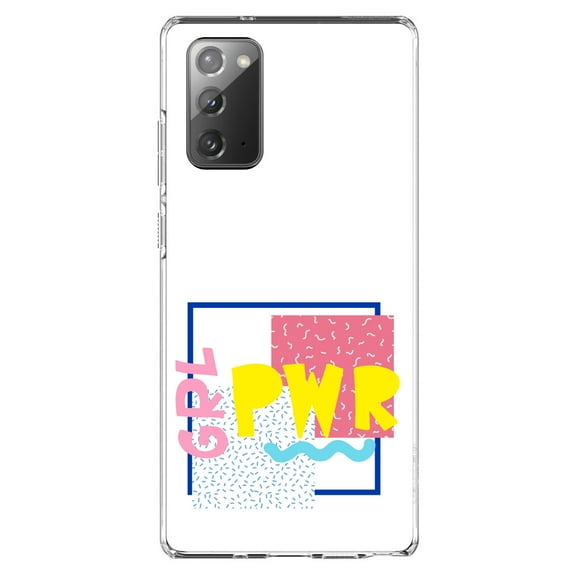 DistinctInk Clear Shockproof Hybrid Case for Samsung Galaxy Note 20 (6.7" Screen) - TPU Bumper, Acrylic Back, Tempered Glass Screen Protector - Girl Power - GRL PWR - Retro 80's Look