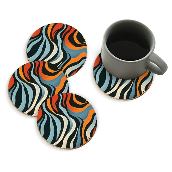 Coasters for Drinks Bar Beer,Set of 4 ,Round Wooden Housewarming Gift,Abstract Pattern Of Wavy Stripes In Orange