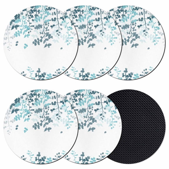 Teal Blue Leaves Coasters Set of 6, Absorbent Coasters for Drinks, Summer Botanical Coaster for Desk Coffee Table Protection, Home Decor House Warming Gifts 4"