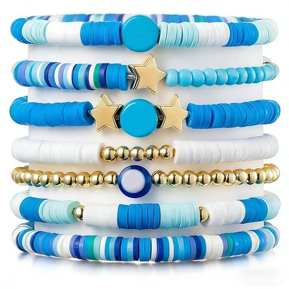 Miommo Stretchy Bead Charm Bracelet Set for Women & Girls, 7PCS Adjustable Cute Stacking Bracelets with Smiley Face Heart Star Beads for Kids Teens Friendship Gifts, Blue