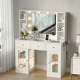 thumbnail image 4 of Zimtown Makeup Vanity with 3 Colors Light Mirror, Glass Top Vanity Desk with Two Glass-Door Storage Cabinets & Charging Station, White, 4 of 7