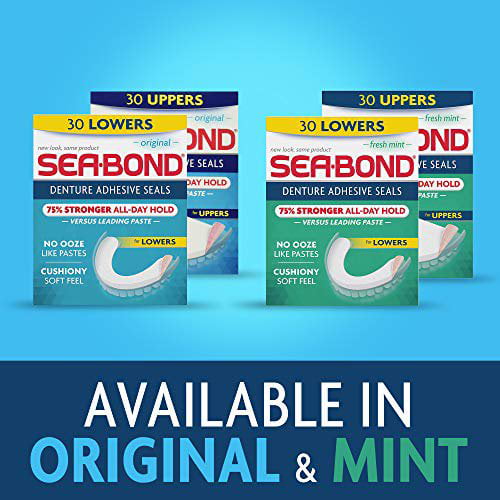 Sea-bond Secure Denture Adhesive Seals, Fresh Mint Uppers, Zinc Free, All Day Hold, Mess Free, 30 Count (Pack of 4)