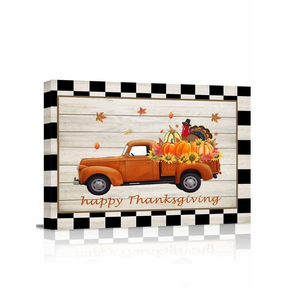 Happy Thanksgiving Canvas Print Wall Art Framed Canvas Art Wall Decor Fall Truck Pumpkin Flowers Wood Texture Pictures Painting Morden Artwork for Living Room Bedroom, Ready to Hang - 12"x16"