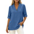 thumbnail image 2 of Women's Summer Shirts Casual Loose V-Neck Fixed Roll Cuff Short Sleeve Solid Color Blouses Lightweight cotton Linen Curved Hem Short Tops for Office Daily Wear, 2 of 7