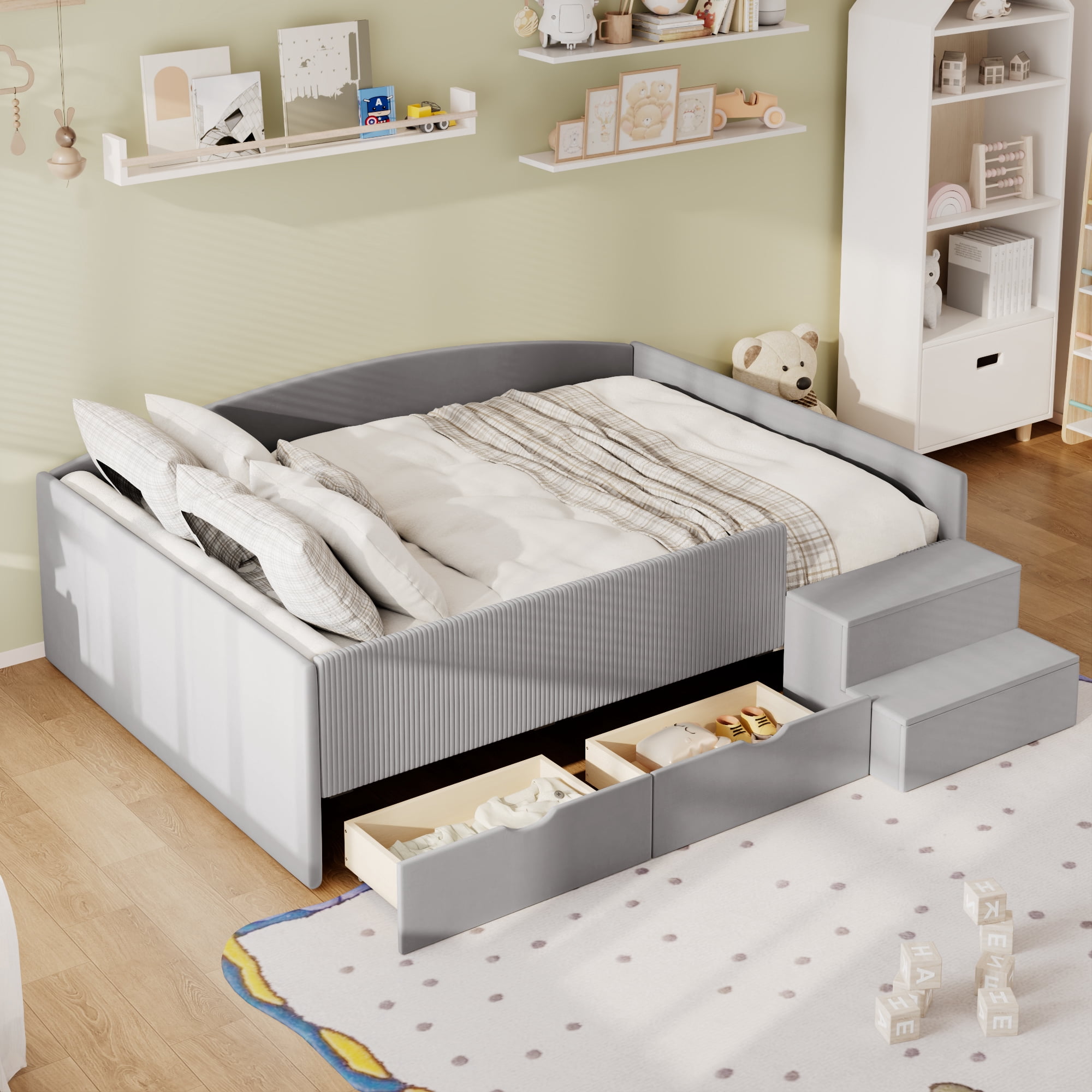 Mintazer Full Size Cute Upholstered Floor Daybed Frame with Safety Guardrail & 2 Storage Drawers & Stairs for Teens Kids, Gray