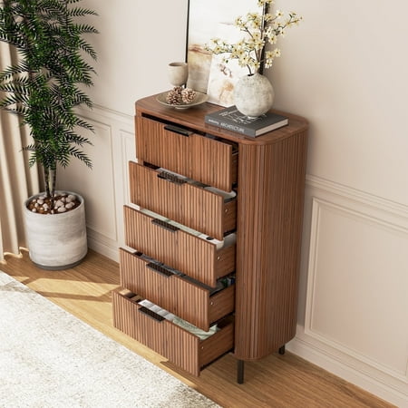 Onbrill Fluted Dresser for Bedroom, Tall Dresser with 5 Drawers, Chest Mid Century Modern Tall Dressers with Curved Profile Design for Closet, Living Room, Hallway,Easy to Assemble,Walnut