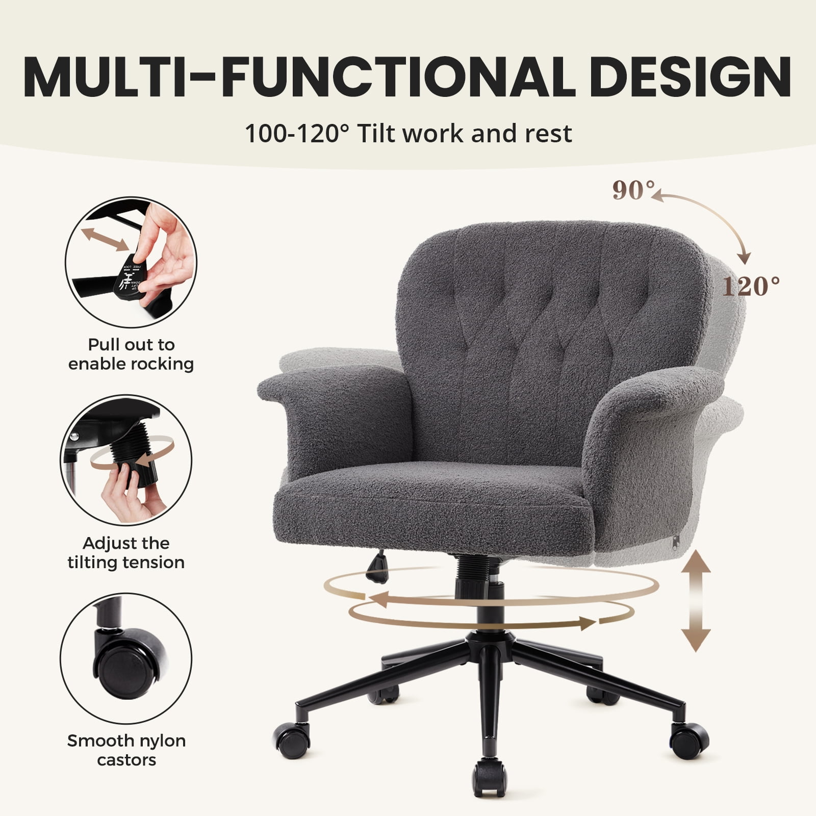 Office Desk Chair, Soft Fabric Cozy Desk Chair with Wheels and Arms, Modern Upholstered High Back Wide Seat Vanity Chair for Bedroom Living Room Makeup (Dark Grey)