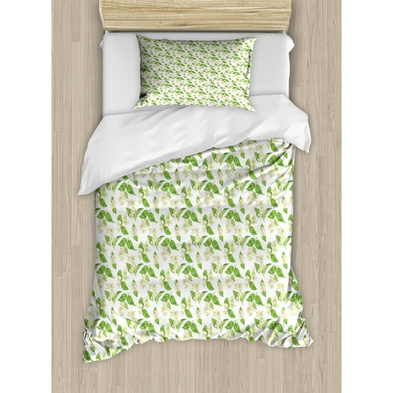 Jasmine Duvet Cover Set Twin Size, Garden Art Flowers on Plain Background Herbal Spring Blossoming, Decorative 2 Piece Bedding Set with 1 Pillow Sham, White Eggshell and Lime Green, by Ambesonne
