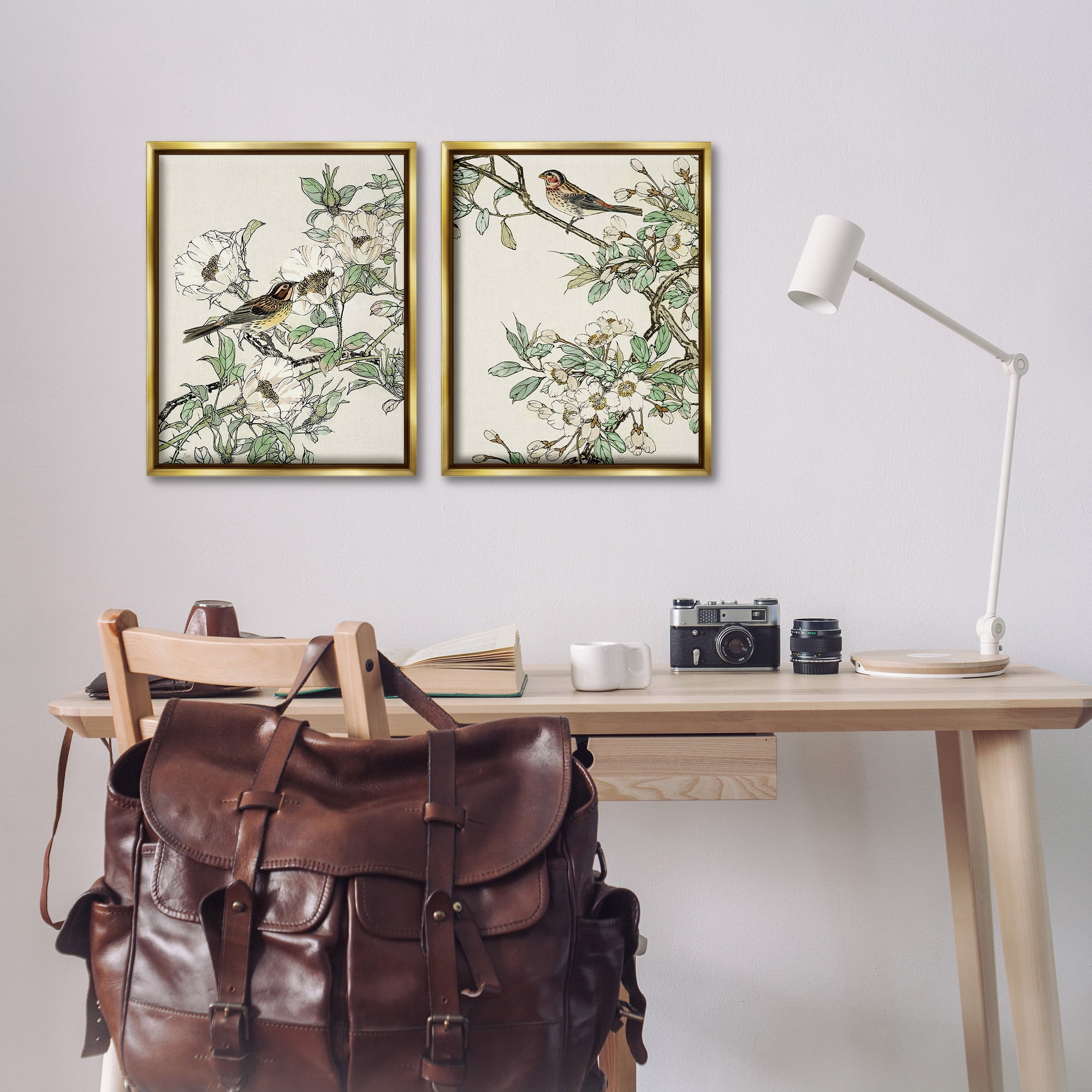 Stupell Industries Classic Sparrow on Blossoms Animals & Insects Painting Gold Floater Framed Canvas Art Print Wall Art, 17 x 21, Set of 2