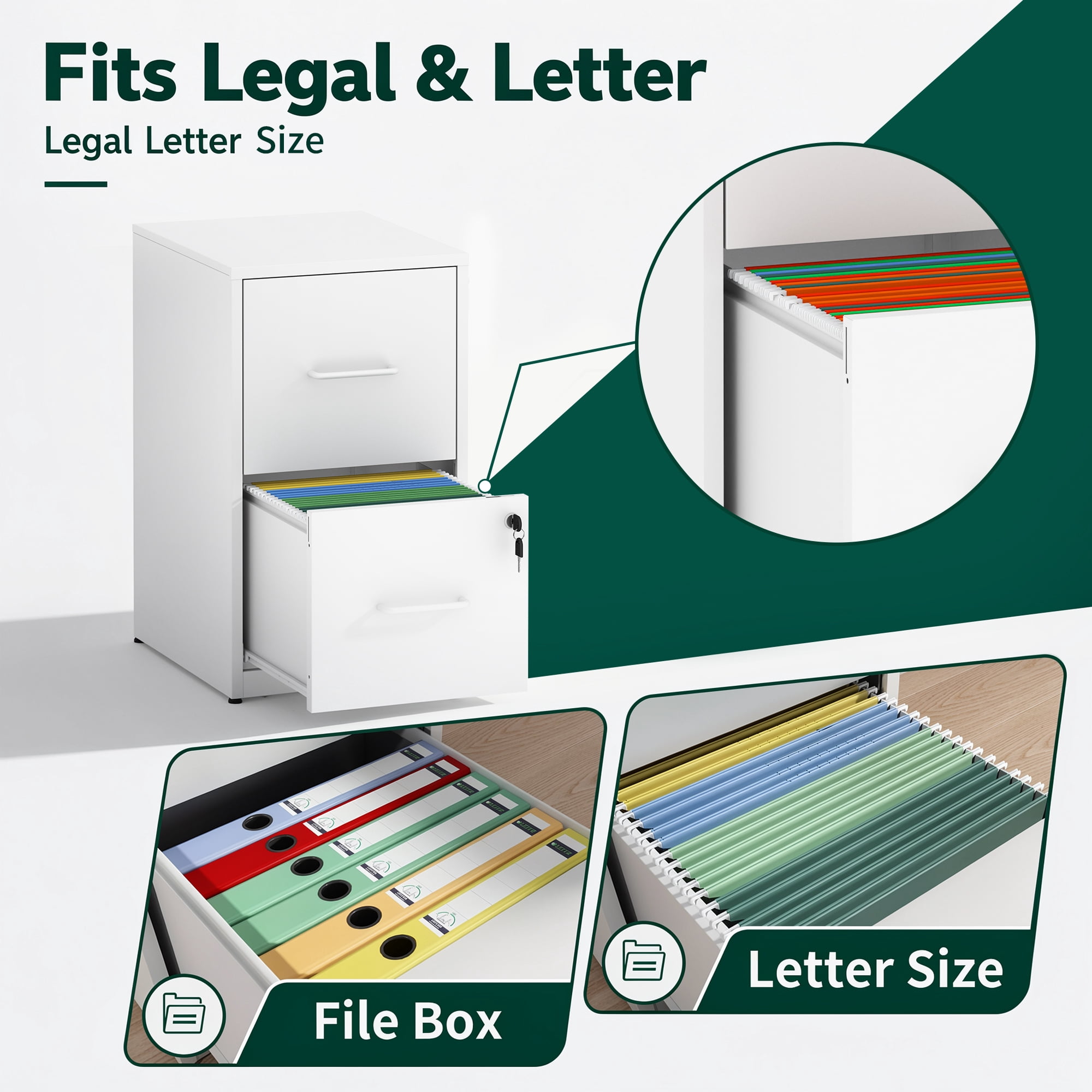 2 Drawer Lockable Metal File Cabinet, Vertical Under Desk Steel Filing Cabinet with Wall Anti-Tip Kit, Adjustable Hanging Rails, Heavy Duty Office Storage Cabinet for Letter/Legal Size Files, White