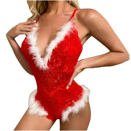

kakina CMSX Clearance Women Christmas Lace See-Through Net Yarn Lingerie Nightdress Pajamas Suit Red L