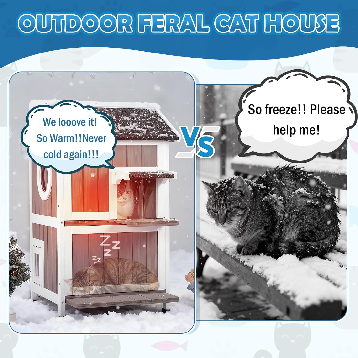 2 Story Outdoor Cat House for Winter Weatherproof Feral Cat Enclosure Shelter with Escape Door Balcony Openable Roof
