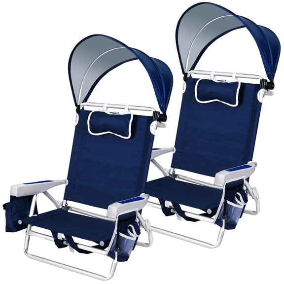 SUNSPIRE Beach Chair Canopy Adjustable Shade, 5-Position Lay Flat Aluminum Folding Chair Detachable Umbrella with Cooler Bag Cup Phone Holder, 2 Pack