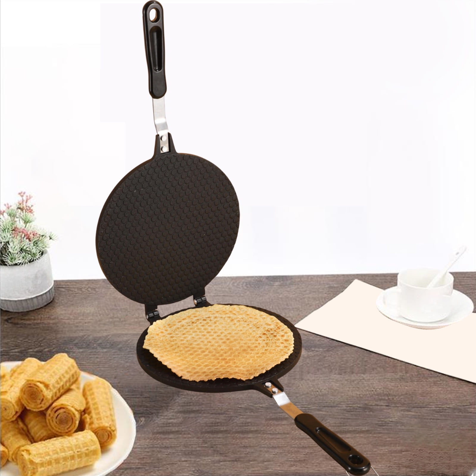 Zzbeans Non-Stick Egg Roll Pan, Aluminum Alloy Egg Roll Maker for Crepes Waffles, Home Baking Tool Ice Cream Cone Cake Light Snack Press, Black