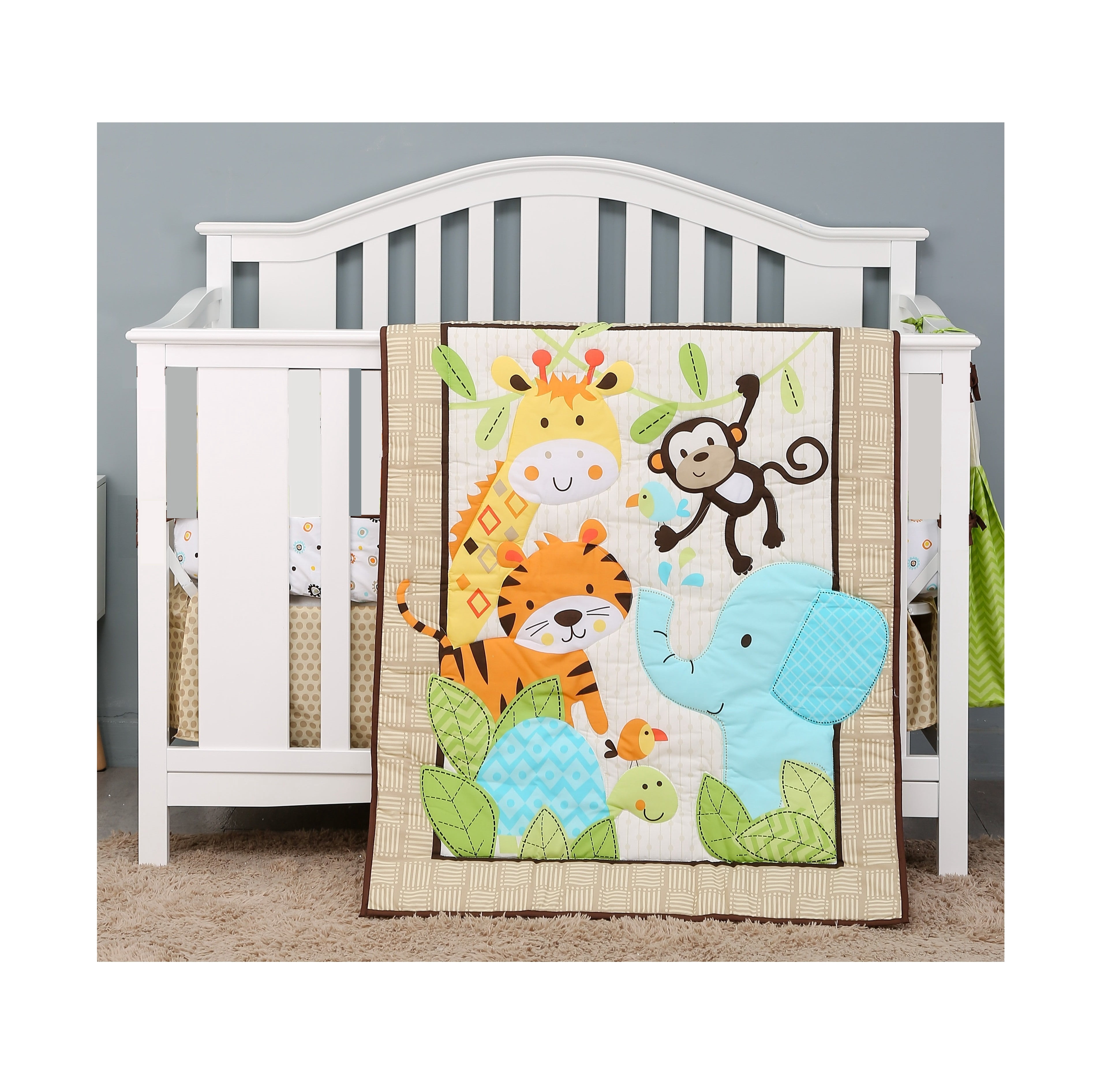 Green and Brown Safari Adventures 2-Piece Crib Bedding Set (Quilt and Crib Sheet, come with a dust ruffle as gift)