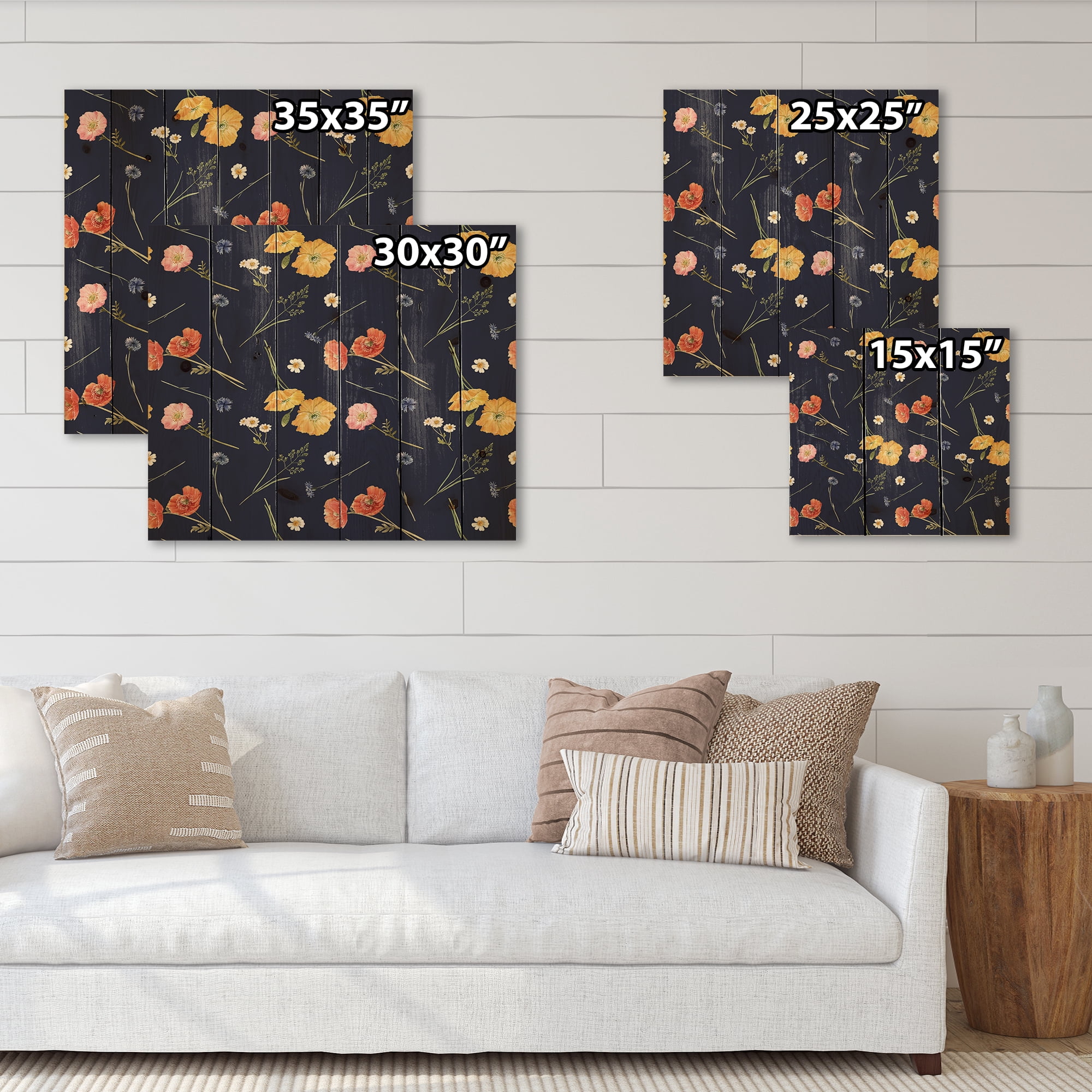 Designart 'Yellow and Orange Wild Flowers On Dark Blue' Traditional Print on Natural Pine Wood