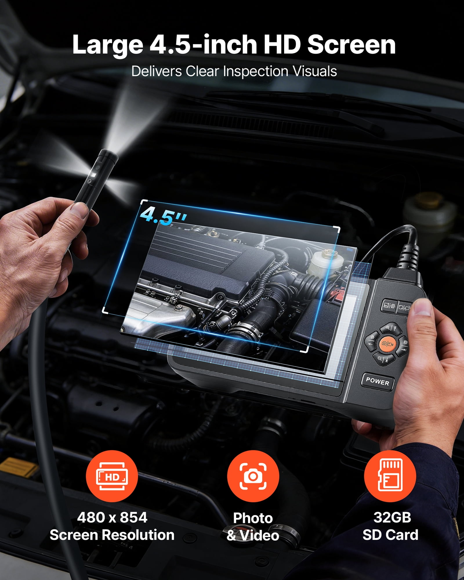 VEVOR Triple Lens Endoscope with Light, 4.5" HD IPS Screen Industrial Borescope Camera, 8 + 2 Lights, 8X Zoom, IP67 Waterproof Inspection Snake Camera for Automotive, Plumbing (16.4FT Rigid Cable)