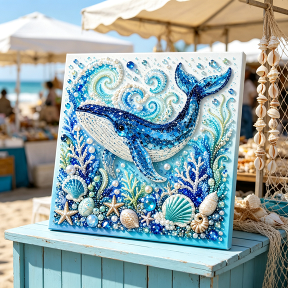 Ocean Theme Pearl Art DIY Kit,3D Diamond Painting Crafts,DIY Pearl Mosaic Wall Art Set With Rhinestones And Beads,Coastal Home Decor Gift For Adults Beginners Whale
