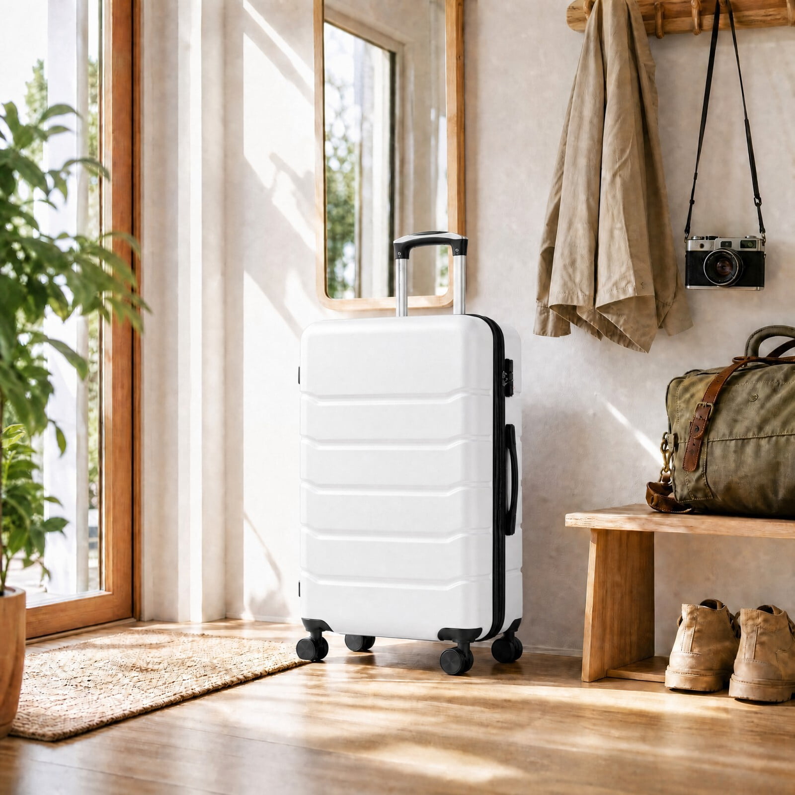 Kelno Large Checked Luggage with Spinner Wheels ABS Hard Shell Suitcase Expandable Rolling Luggage with TSA Lock, White