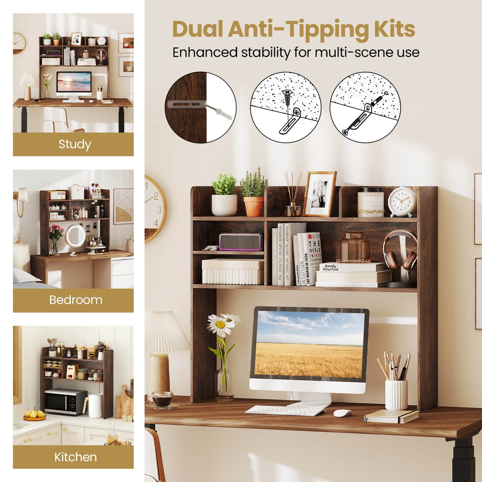 Costway 3-Tier Desktop Bookshelf with 6 Shelves Desk Organizer for Computer Desk Rustic Brown