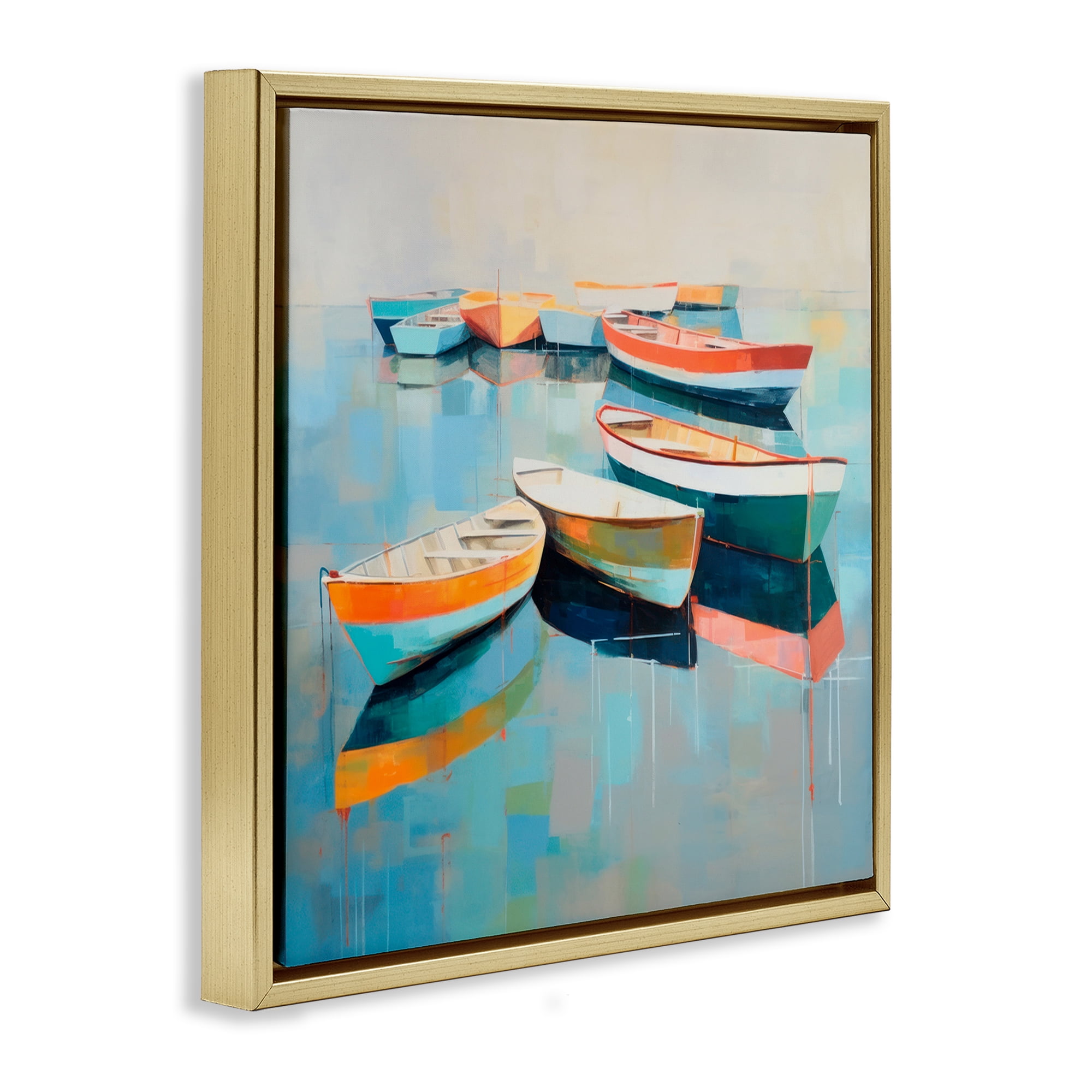 Stupell Industries Boats on Shoreline Transportation Painting Gold Floater Framed Canvas Art Print Wall Art, 18 x 18