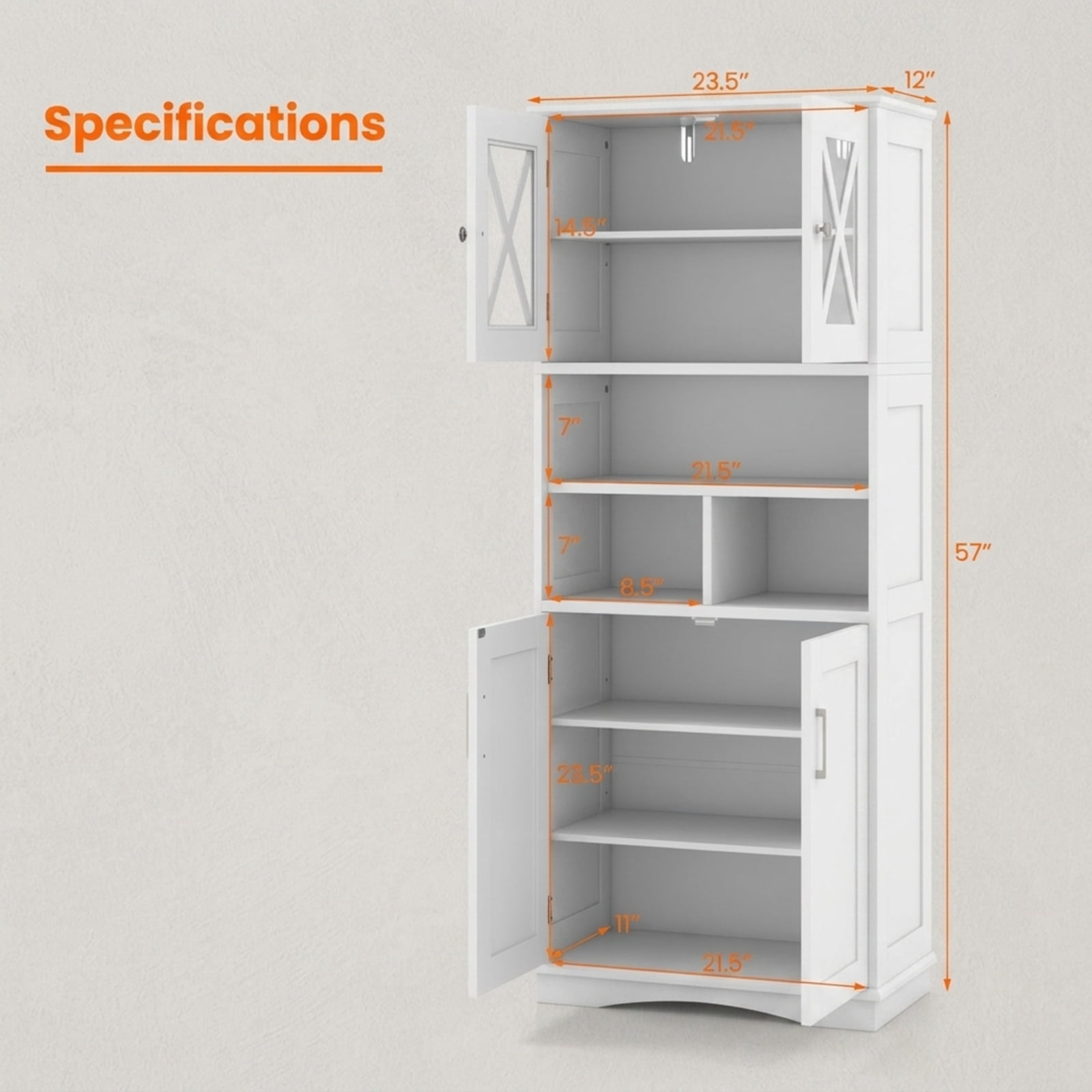 Vebreda Tall Bathroom Floor Storage Cabinet with Acrylic Doors and 3 Open Cubes and Adjustable Shelves for Bathroom Organizer, White