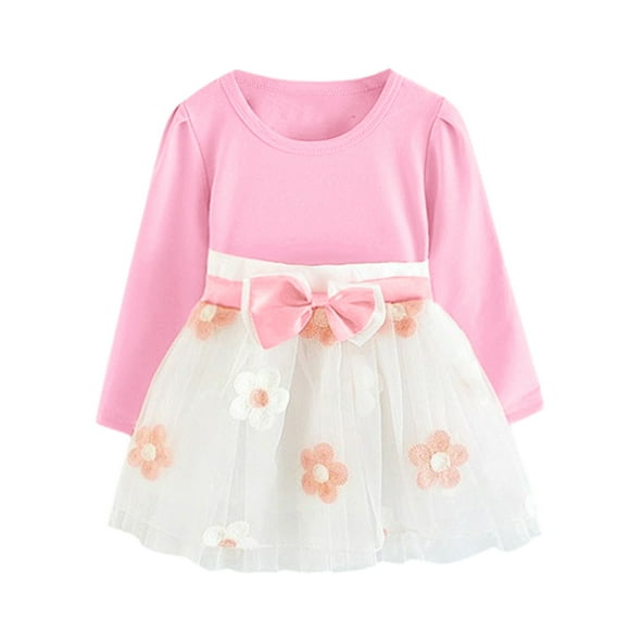 Splozh Toddler Girl Dress Ruffle Toddler Kids Baby Girls Long Sleeve Tulle Patchwork Flower Bow Dresses Clothes Pink,3-4 Years