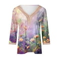 thumbnail image 4 of qelini Womens 3/4 Sleeve Tops T Shirts V Neck Beach T Blouse Ladies Lace Flowers and Plants Printed Pullover Loose Casual Fashion Breathable Purple 2XL, 4 of 5