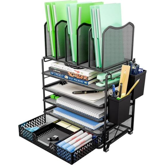 5 Tier Mesh Desk File Organizer, Paper Letter Tray File Holder with Sliding Drawer Organizer for Office Home, Black