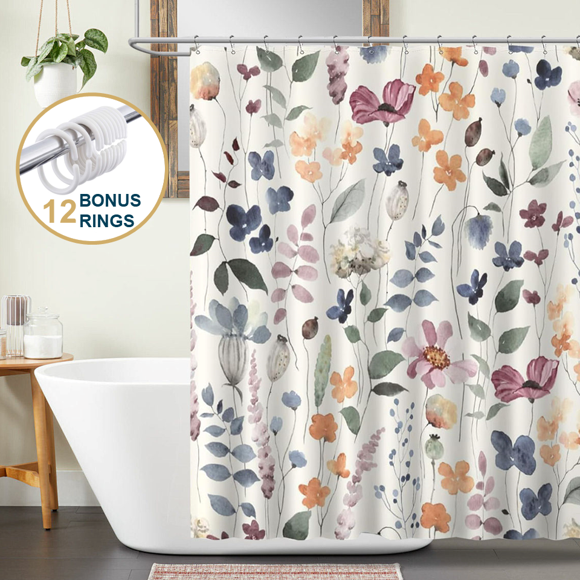 ComfiTime Floral Shower Curtain with Hooks – Heavy-Duty Mold/Mildew-Resistant, Weighted-Hem Fabric Bathroom Curtain, Water-Repellent, Machine-Washable, Fade-Resistant, Blossom Print, 72 x 72
