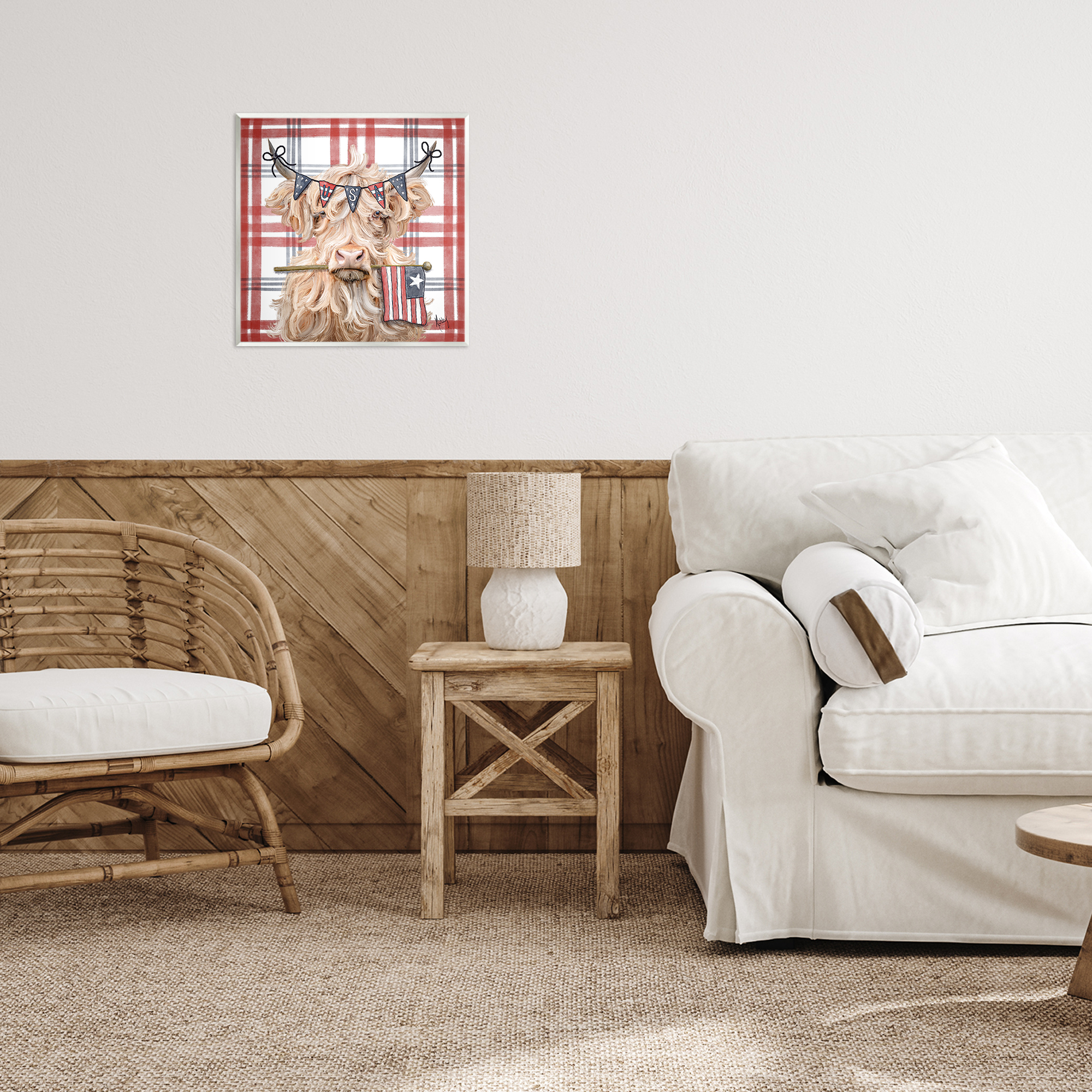 USA Plaid Highland Cattle Wall Plaque Art, design by Ashley Bradley