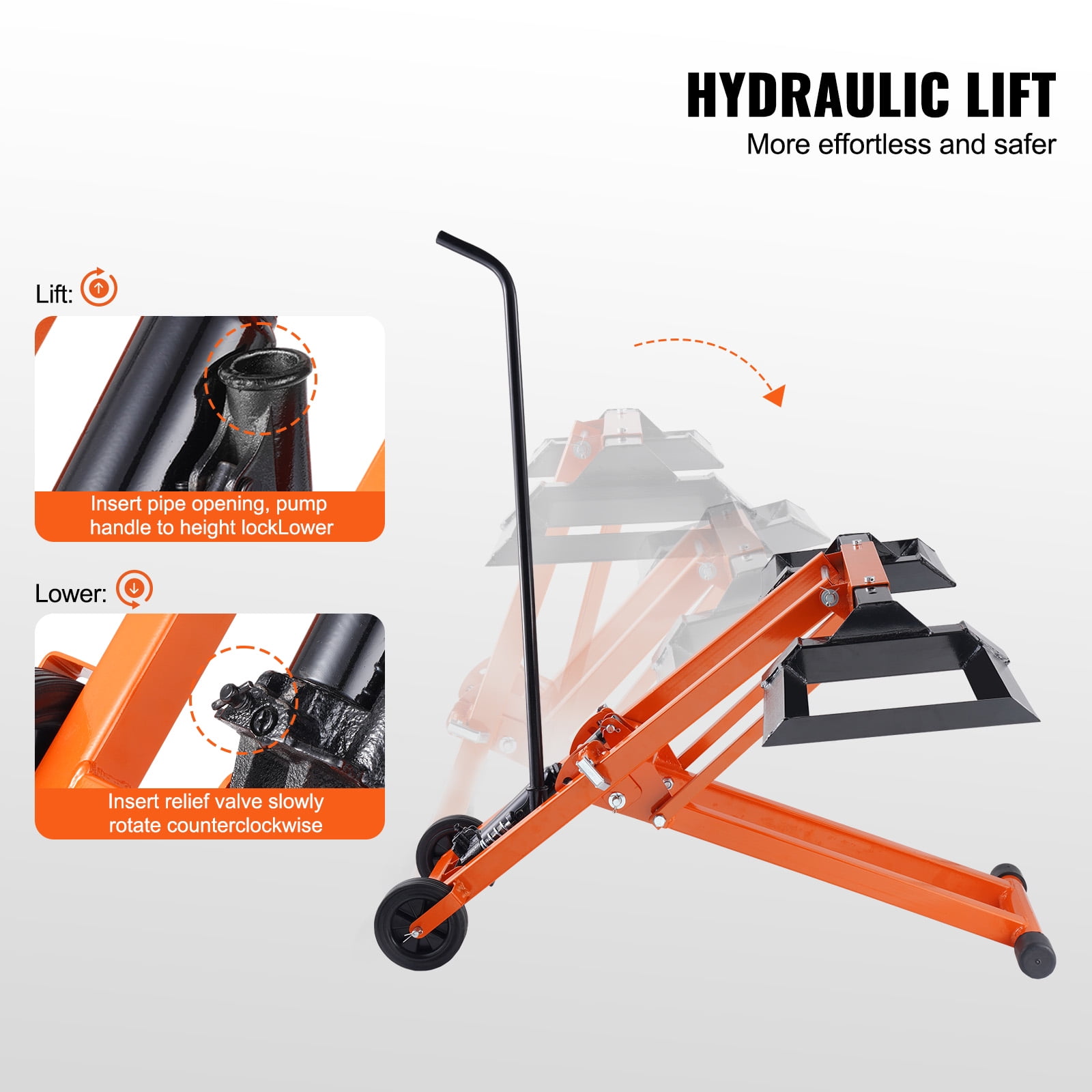 VEVOR Lawn Mower Hydraulic Lift Jack, 500 Lbs Weight Capacity, Carbon Steel Lawn Mower Lift, Adjustable Movable Lawn Lifter for Riding Tractors and Zero Turn Lawn Mowers, Orange
