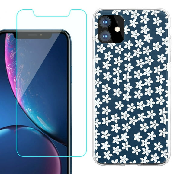 For Apple iPhone 11 Case , Slim-Fit TPU Protective Phone Case with Tempered Glass Screen Protector, by OneToughShield ® - Flower/Blue