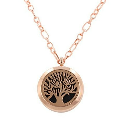 White Gold Round Locket - Aromatherapy Tree Necklace, Small Round Essential Oil Diffuser Locket in Rose Colored Stainless Steel, 29 Inch Chain, #6377